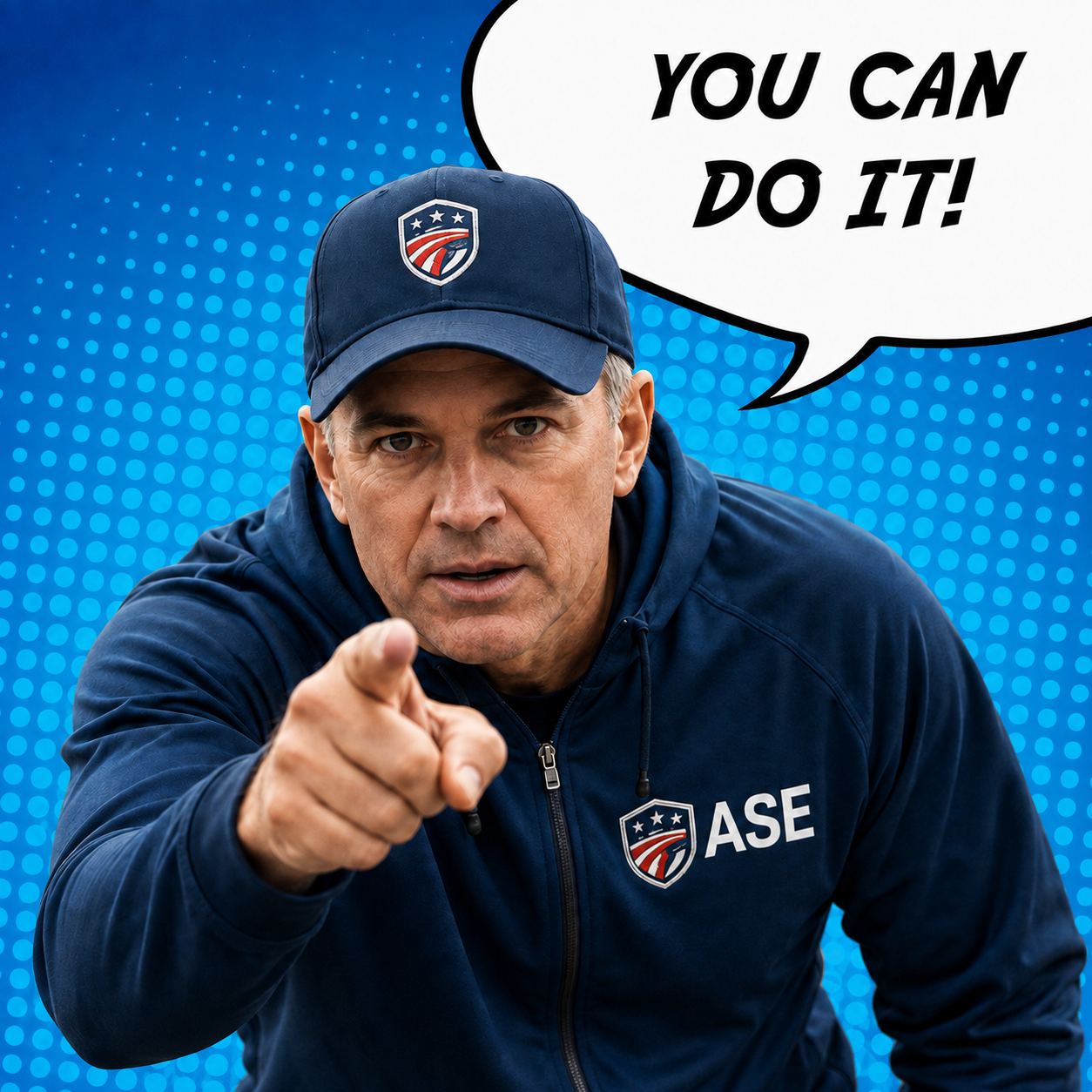 Realistic ASE coach pointing toward you with the message: You can do it!